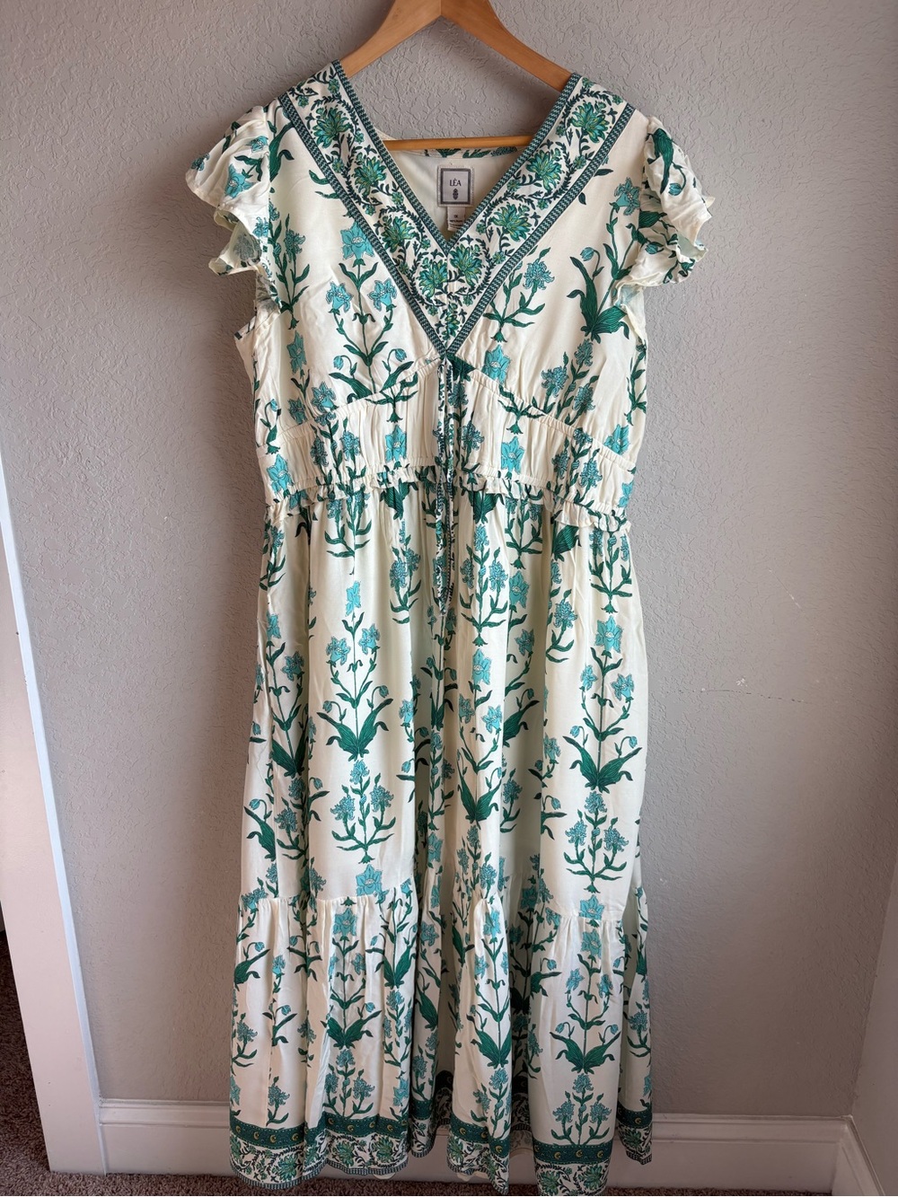 LEA Anthropologie Floral Maxi Dress 1X Green Blue Boho Ruffle Rayon